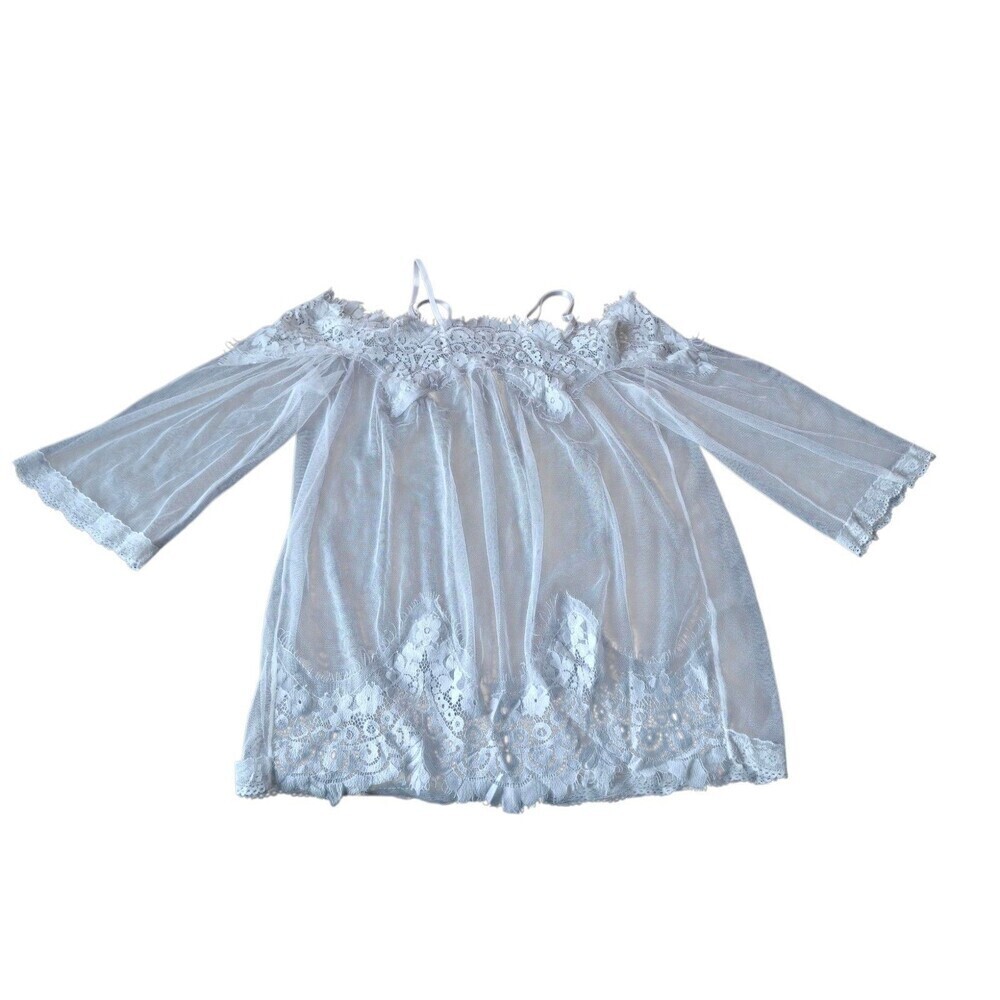 Off The Shoulder Sheer White Lace Lingerie Top‎ Small Night Gown 3/4 Sleeve